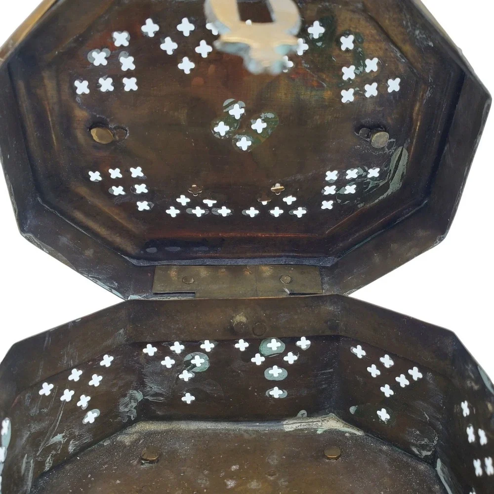 Brass Box Pierced Metal Cricket Cage Hexagon Trinket India Ethnic Boho‎ Storage